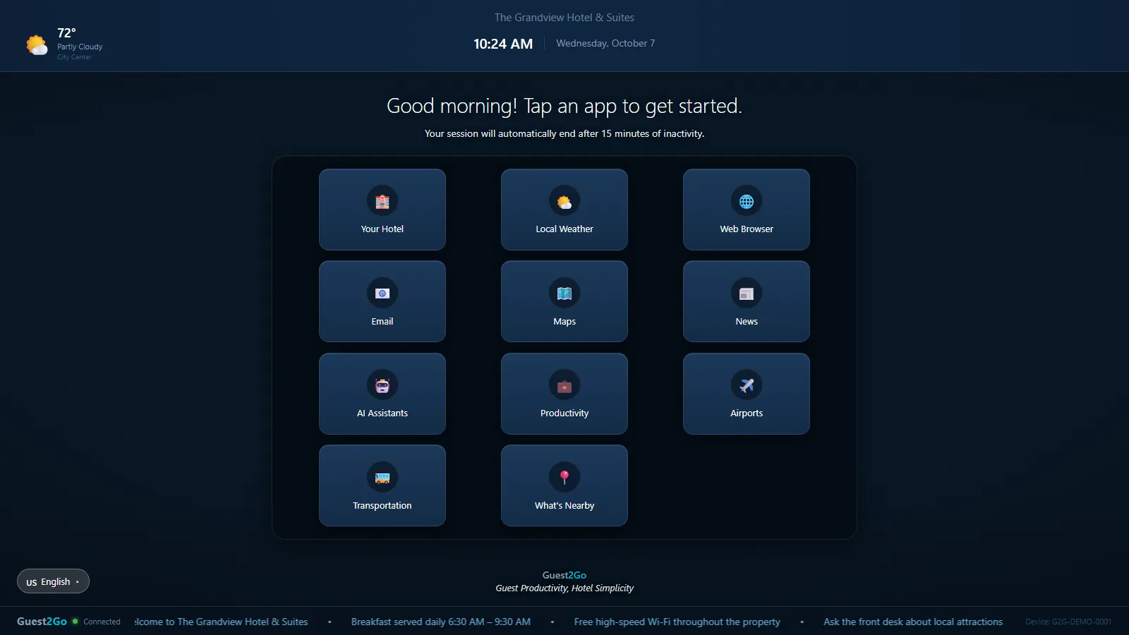 The Guest2Go kiosk home screen: a grid of large tiles for Your Hotel, Weather, Web Browser, Email, Maps, News, AI Assistants, Productivity, Airports, Transportation and What's Nearby.
