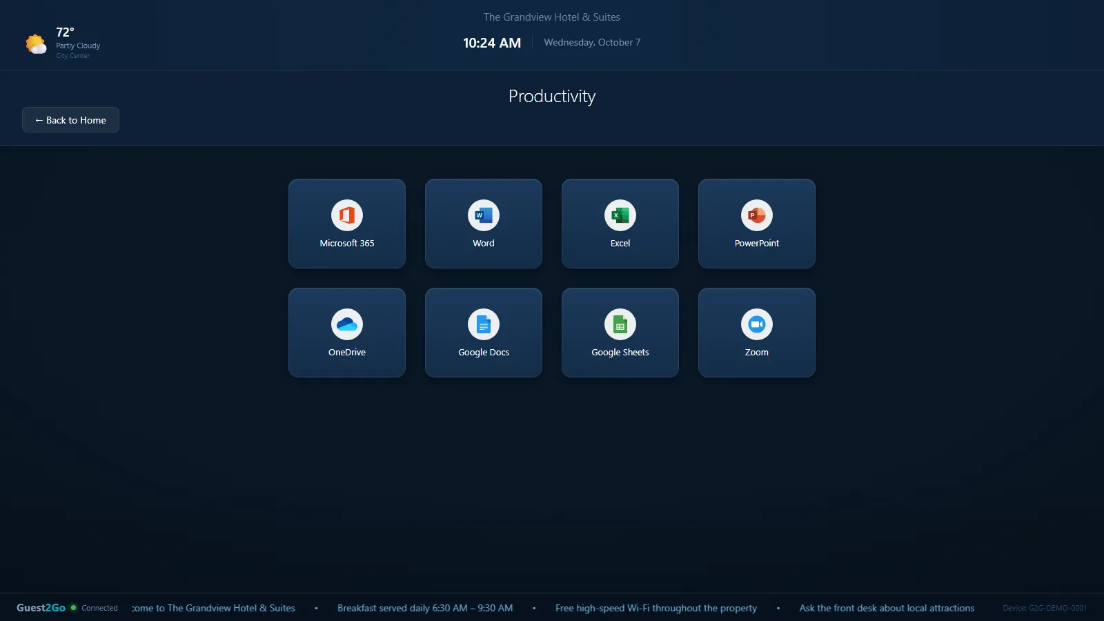 Productivity folder showing Microsoft 365, Word, Excel, PowerPoint, OneDrive, Google Docs, Google Sheets and Zoom.