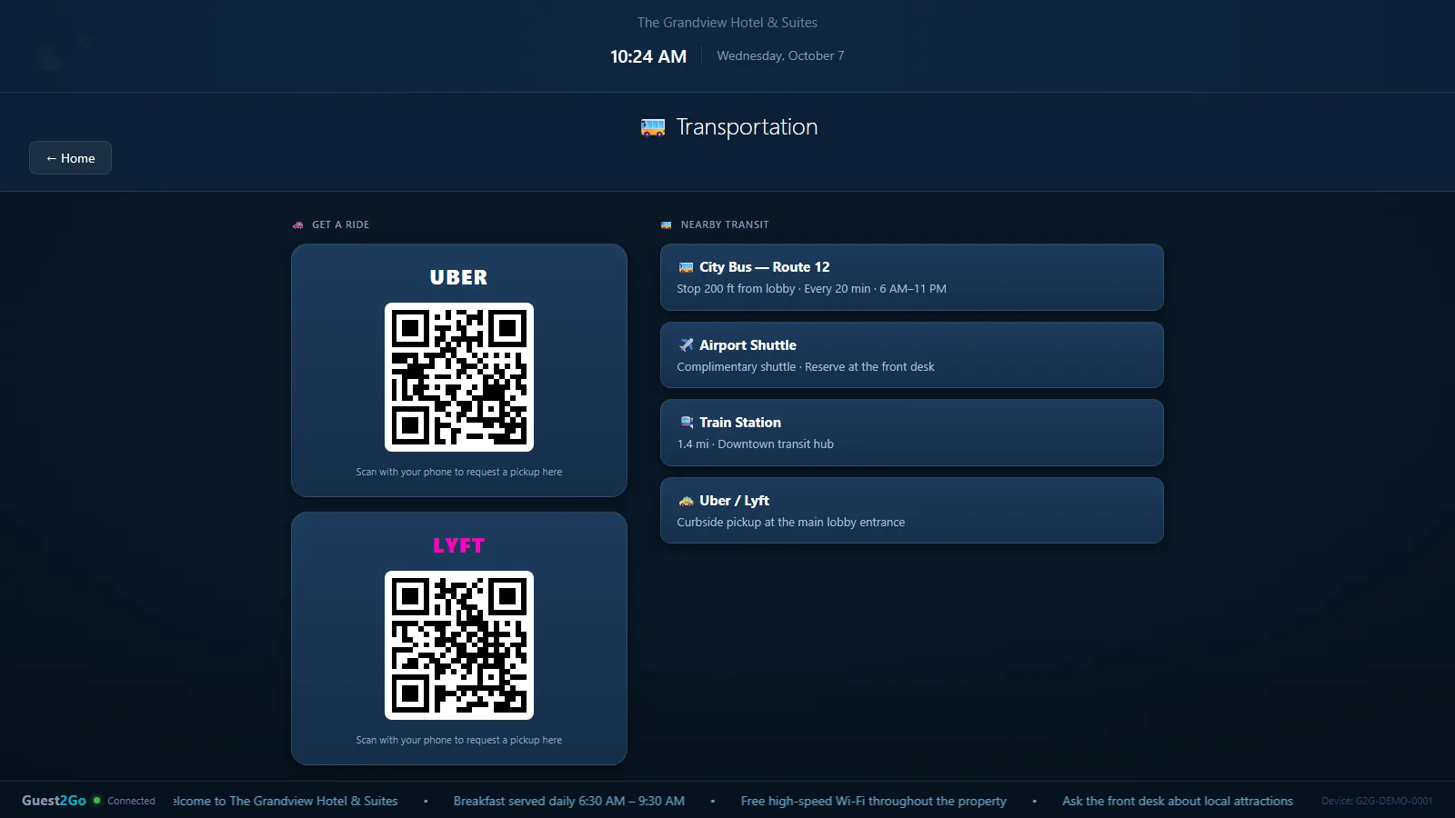 Transportation screen with Uber and Lyft pickup codes and nearby transit options.