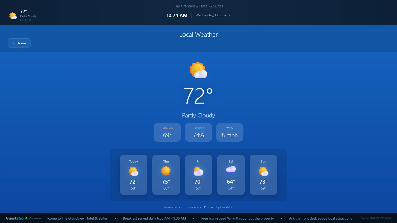Weather screen with current conditions and a forecast.